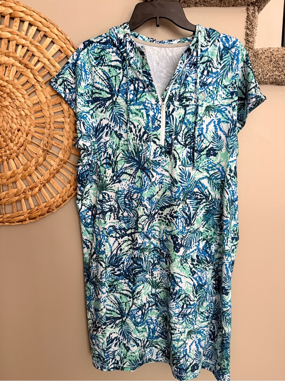 Reel Legends Women's Hooded Dress in Blue & Aqua Leaf Print with UPF protection.